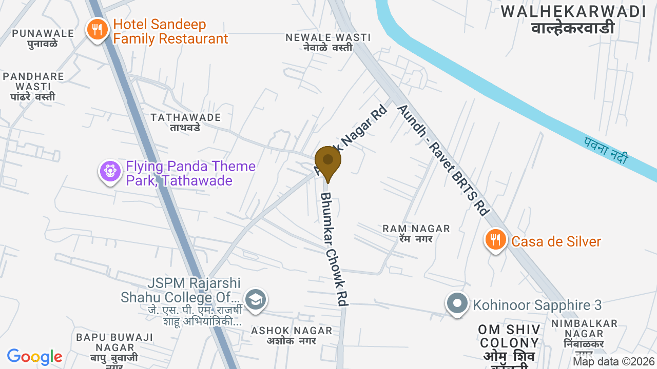 Map showing the location of Austin Yana, JQG2+5G4, Bhumkar Chowk Rd, Ashok Nagar, Tathawade, Pimpri-Chinchwad, Maharashtra 411033, India