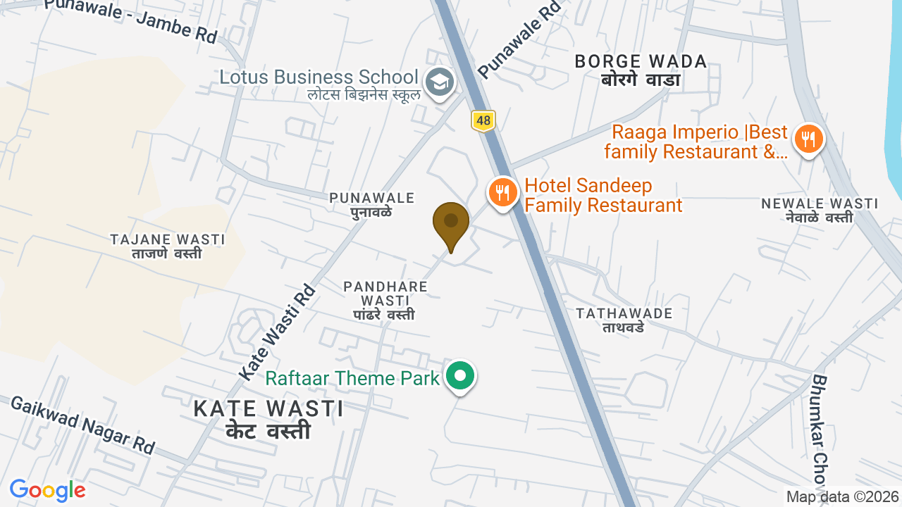 Map showing the location of Basil Maximus, Basil Maximus, 13 near, Pandhare Wasti Rd, Kate Wasti, Tathawade, Pimpri-Chinchwad, Pune, Maharashtra 411033, India