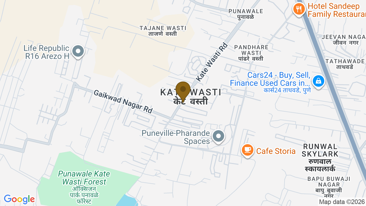 Map showing the location of Legacy Highpoint, Sr. No. 16(P, Kate Wasti Rd, near 18 Longitude Mall, Kate Wasti, Punawale, Pimpri-Chinchwad, Maharashtra 411033, India