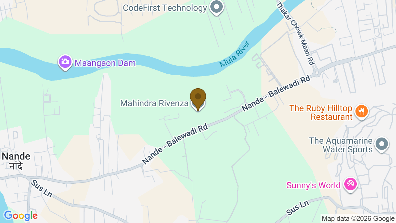Map showing the location of Mahindra Rivenza, HP6G+WWF Baner Annex, off Baner-Hinjawadi Road, Pune, Nande, Maharashtra 412115, India