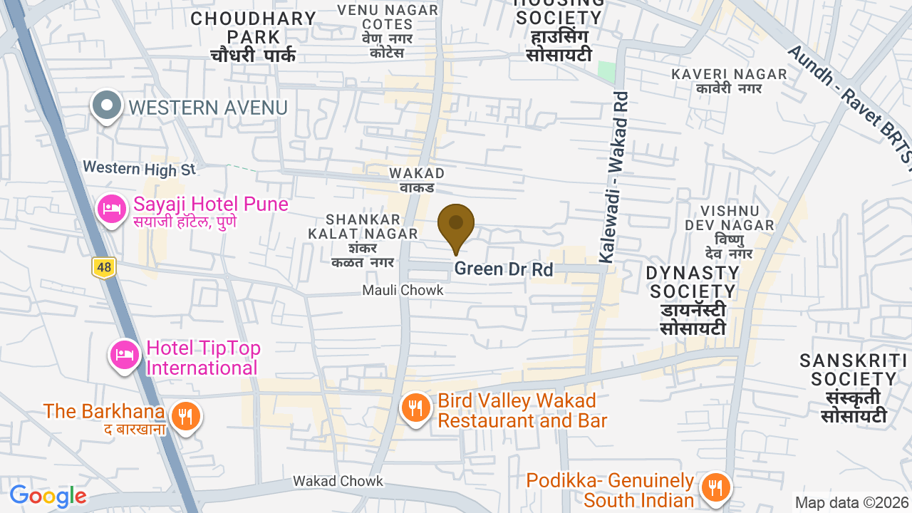 Map showing the location of Vardhaman Skysymphony, Survey No. 24P, 25P, 29P, Near Bhujbal Chowk, Bhujbal Vasti, Wakad, Pimpri-Chinchwad, Pune, Maharashtra 411057